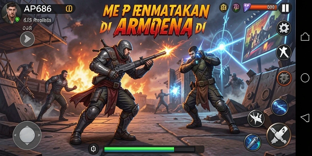 Screenshot gameplay AP686 menunjukkan pertarungan intens dan karakter unik.