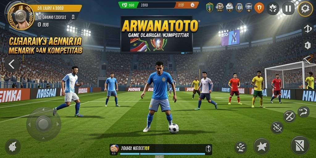 Tangkapan layar gameplay ARWANATOTO menunjukkan aksi seru dalam pertandingan olahraga.