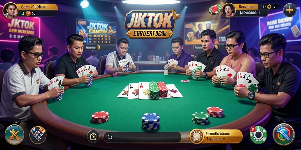 Screenshot utama JKTOK menampilkan gameplay seru di meja poker.