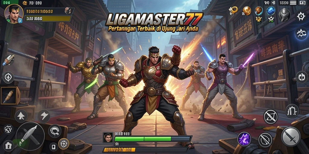 Gameplay LIGAMASTER77 menampilkan karakter bertarung dalam pertarungan epik.