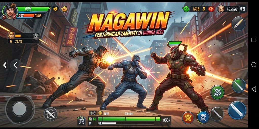 Screenshot gameplay NAGAWIN menampilkan aksi pertarungan yang mendebarkan.