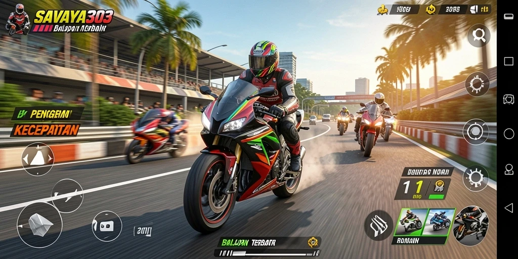 Tampilan gameplay <strong>SAVAYA303</strong> yang mendebarkan dan penuh aksi di lintasan balapan.