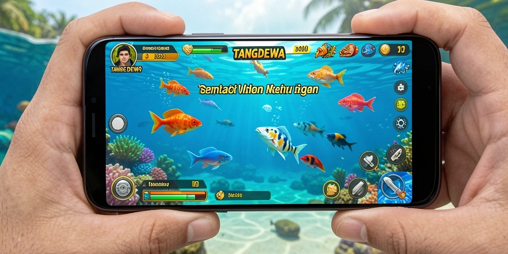 Screenshot gameplay TANGANDEWA menampilkan aksi menembak ikan yang seru.